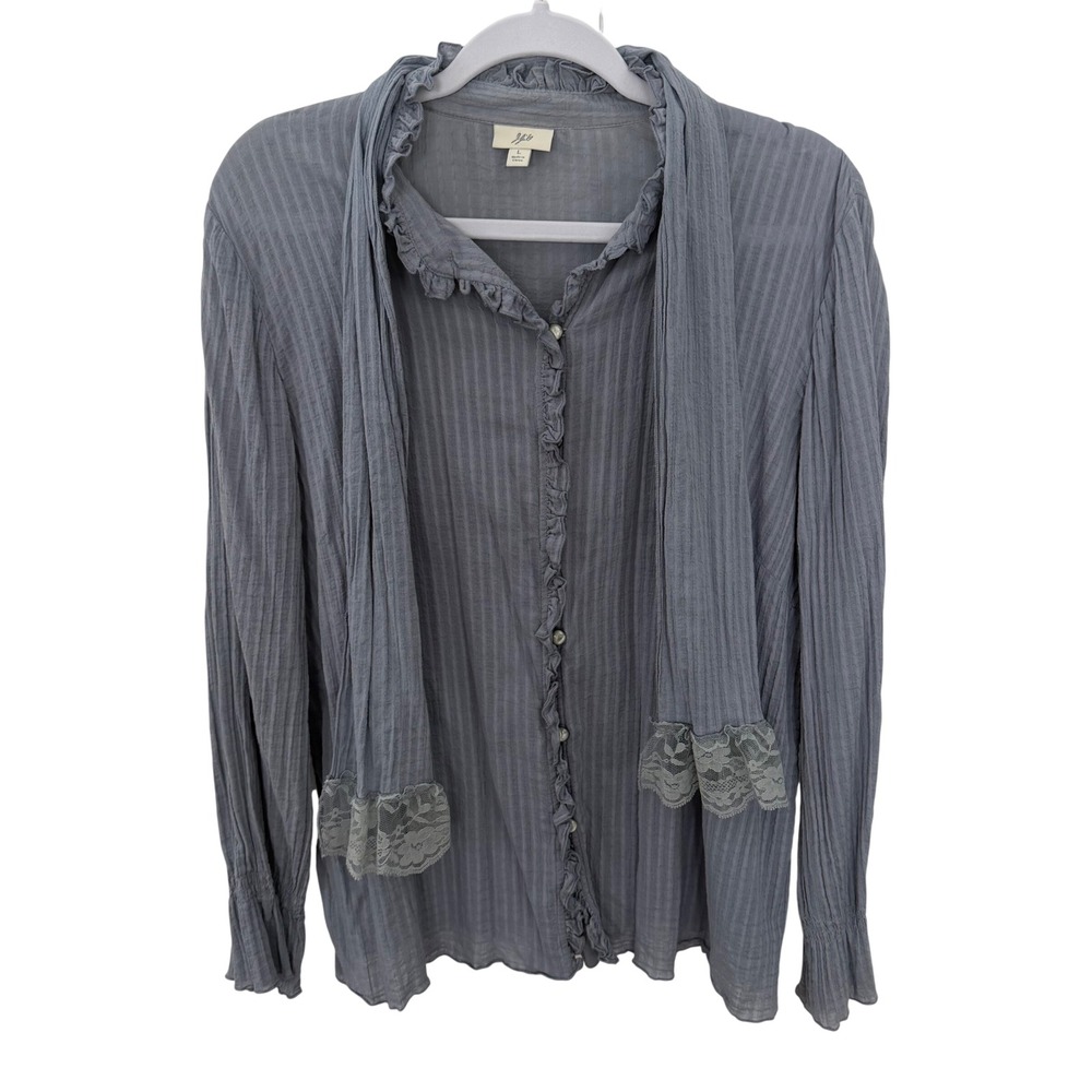J. Jill Gray Button Down Shirt Gauzy Lettuce‎ Hem Lightweight Lace Trim Cotton L